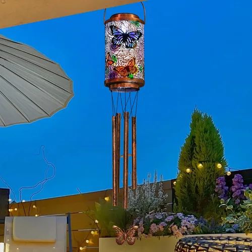Vista 8 de Campanillas de viento solares de mariposa para exteriores, regalos de jardín para mamá, faroles solares para decoración al aire libre para balcón
