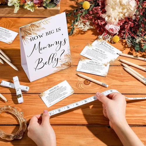 Vista 42 de Sabary 64 Piezas Juegos de Baby Shower Incluyen Letrero How Big is Mommy's Belly Sign Measure Bump Game 50 Tarjetas 10 Lápices 3 Cintas Métricas