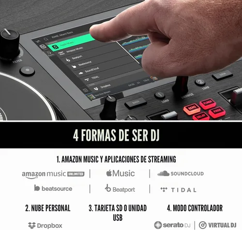 Vista 7 de Numark Controlador de DJ Mixstream Pro+ con Separación de Stems, 2 Decks, Transmisión Wi-Fi, Mezclador, Pantalla Táctil de 7", Altavoces, funciona
