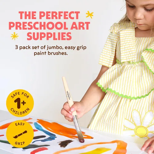Vista 3 de Honeysticks Juego de pinceles de pintura Jumbo – Paquete de 3. Pinceles de pintura jumbo para niños con un mango de madera grande para un fácil
