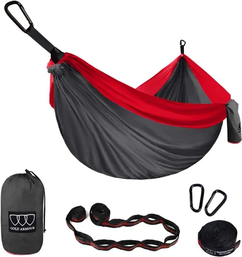 Vista 8 de Gold Armour Hamaca de camping – Hamaca doble XL, hamaca portátil, accesorios de camping, equipo para exteriores e interiores con correas de árbol