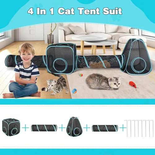 Vista 2 de Recintos portátiles para gatos de 9.45 pies para exteriores, casa de juegos para gatos, tienda de campaña desplegable para gatos con túneles dobles