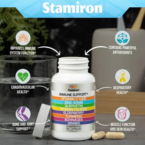 Vista 3 de Apoyo inmunológico 8 en 1 con quercetina, zinc 50mg, vitamina C 1000mg, vitamina D3 5000 UI y saúco, equinácea, jengibre para adultos y niños