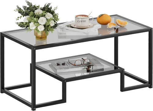 Vista 9 de Wolawu Mesa de Café de Cristal Gris Mesa de Café para Sala de Estar, Mesa Central Rectangular de 2 Niveles con Marco de Metal Resistente, Mesa