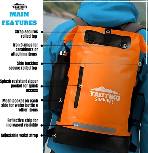 Vista 6 de TACTIKO Mochila resistente 100% impermeable, bolsas secas enrollables para kayak, senderismo, campamento, supervivencia
