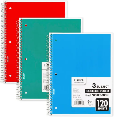 Vista 2 de Mead Cuaderno de espiral, 3 materias, papel rayado universitario, 120 hojas, 10-1/2 x 8 pulgadas, color seleccionado para ti, 1 unidad (05748)