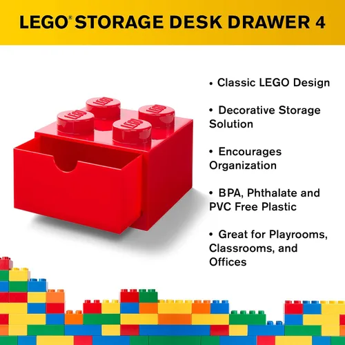 Vista 5 de Room Copenhagen LEGO Storage Brick 4 Cajón de Escritorio, Caja de Almacenamiento de Sobremesa Apilable de 4 Espigas, 6.2 x 6.2 x 4.4 pulgadas, Rojo