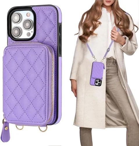 Vista 11 de Bocasal Funda tipo cartera cruzada para iPhone 15 Pro Max, con bloqueo RFID, de piel sintética, con cremallera, funda tipo cartera con función atril