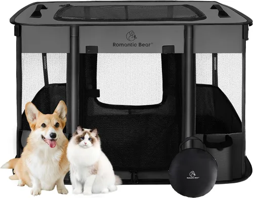 Vista 13 de Corralito para perros, corralito para mascotas, corralito plegable para cachorros y gatos, jaula de camping portátil para ejercicio, cubierta