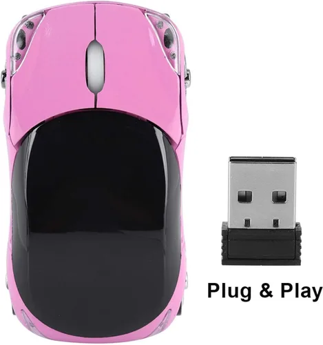 Vista 5 de Lazmin112 Ratón óptico inalámbrico con forma de coche 2.4G, para MacMEWindows PCTablet Gaming Office, 1600DPI, Plug & Play (rosa)