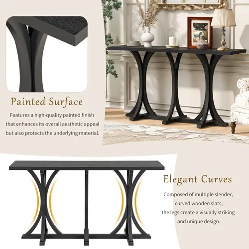 Vista 4 de Mesa de consola de madera de 152 cm con tapa de chapa de roble y patas curvadas delgadas de madera de goma, elegante mesa de sofá para sala