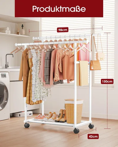 Vista 2 de Sakugi Clothes Rack on Wheels - Double Clothes Rail with Built-in Mesh Base, Robust Coat Stand for Bedroom, Laundry Room, Clothes Shop, 98 x 42 x