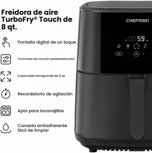 Vista 6 de Chefman TurboFry Touch - Freidora de aire táctil, tamaño familiar de 8 cuartos de galón, controles digitales de un solo toque para cocinar