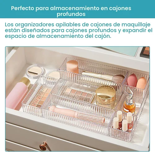 Vista 3 de Vtopmart 7 PCS Organizadores de Cajones Transparentes, Bandejas Organizadoras de Cajones de Maquillaje y Tocador Apilables de 4 Tamaños