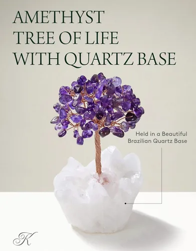 Vista 4 de KALIFANO Amatista natural (más de 100 piedras preciosas!) Árbol de cristal de chakra con base de racimo de cuarzo, árbol de dinero bonsái Feng Shui