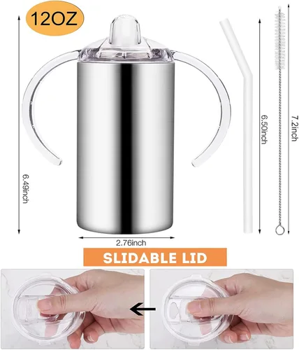 Vista 2 de Vasos para sorber de acero inoxidable de 12 onzas para niños pequeños con asas, a prueba de derrames, doble pared aislada al vacío, vasos de paja