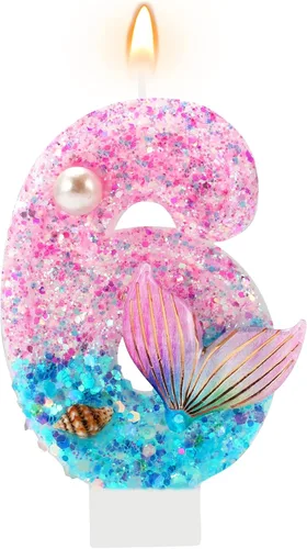 Vista 9 de Velas de cumpleaños, velas rosas y moradas del número 0 decoradas con caracolas, estrellas de mar y perlas para fiesta temática de sirena Morado
