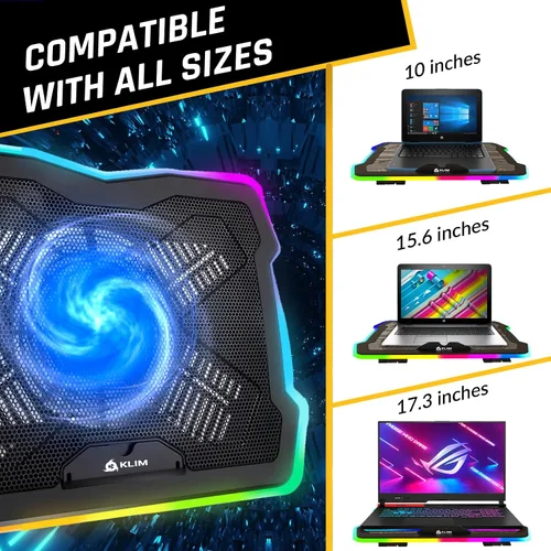 Vista 4 de KLIM Ultimate - Almohadilla de refrigeración RGB para laptop con borde LED, nuevo - Enfriador para laptop para juegos - Ventilador alimentado por