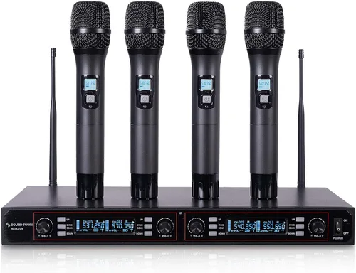 Vista 8 de Sound Town Sistema de micrófono inalámbrico UHF ajustable de 200 canales con receptor de metal, 4 micrófonos de mano y escaneo automático
