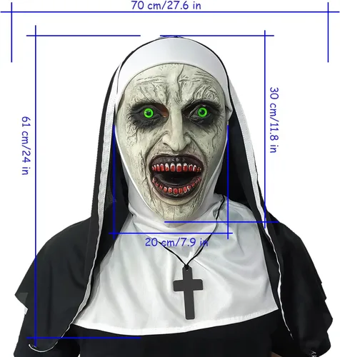 Vista 7 de Máscara espeluznante de monja de Halloween, para adultos, máscara aterradora de Halloween con colgante de cruz para fiestas de máscaras, casas