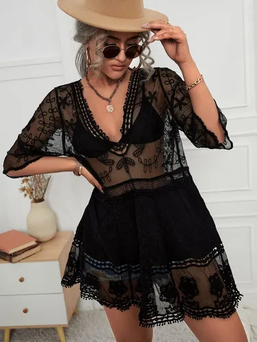 Vista 4 de MakeMeChic Vestido de playa de manga corta para mujer, salida de baño