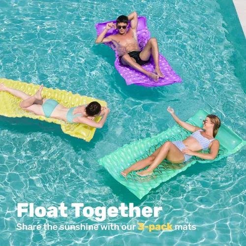 Vista 2 de Sloosh Paquete de 3 alfombrillas inflables para piscina, colchón flotador, con reposacabezas, flotador de piscina para adultos, 64 x 32 pulgadas