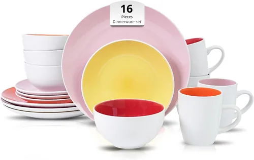 Vista 13 de Juego de 6 platos llanos en forma de cupé de gres de 10.5 pulgadas, muy rosa