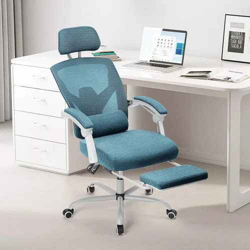 Vista 10 de Silla ergonómica de escritorio para computadora de oficina con almohada lumbar y reposapiés retráctil, sillones giratorios de malla con respaldo