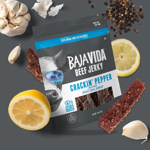 Vista 5 de Baja Beef Jerky - Cecina de res 100% natural, cetogénica, sin gluten, cecina artesanal baja en calorías, 0.46 oz de proteína por porción, sin