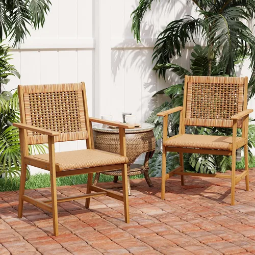 Vista 14 de PHI VILLA Sillas de comedor de madera de acacia para patio con asiento y respaldo de mimbre, 2 piezas
