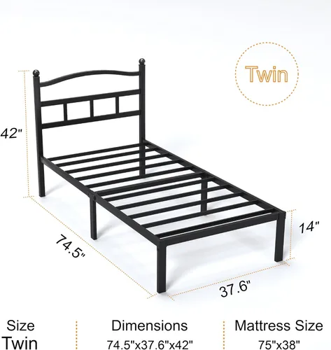 Vista 2 de Snaye Base de cama individual de 14 pulgadas con cabecero, plataforma de metal resistente, base de colchón de tamaño individual con listones