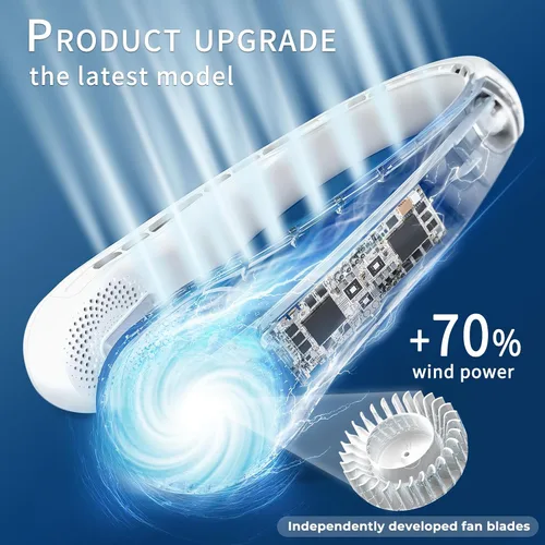 Vista 2 de FrSara Ventilador de cuello portátil sin aspas, 5200 mAh, 3 velocidades, viento envolvente de 360°, ultra silencioso, recargable por USB, ventilador