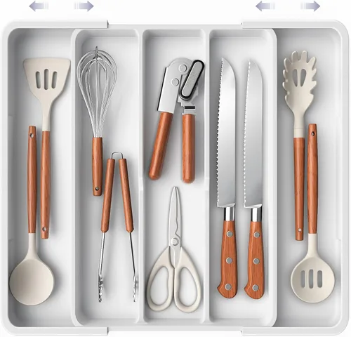 Vista 12 de Aujen Organizador de cubiertos – Organizador de cajones de cocina expandible, organizador de utensilios ajustable, bandeja de cubiertos