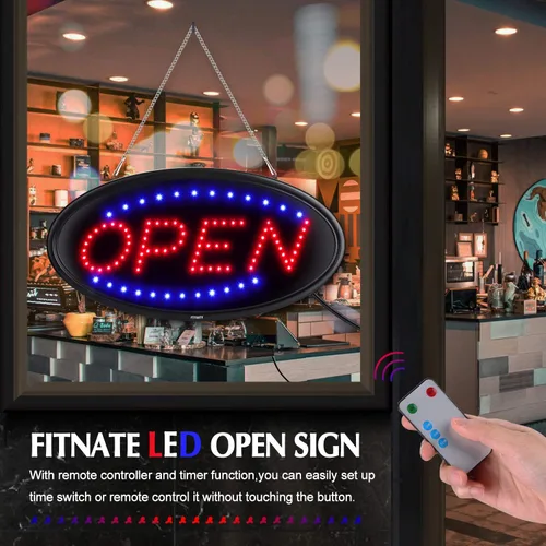 Vista 3 de FITNATE Letrero LED abierto con control remoto, letreros de luz eléctrica ultra brillante para negocios, función de temporizador, 2 modos