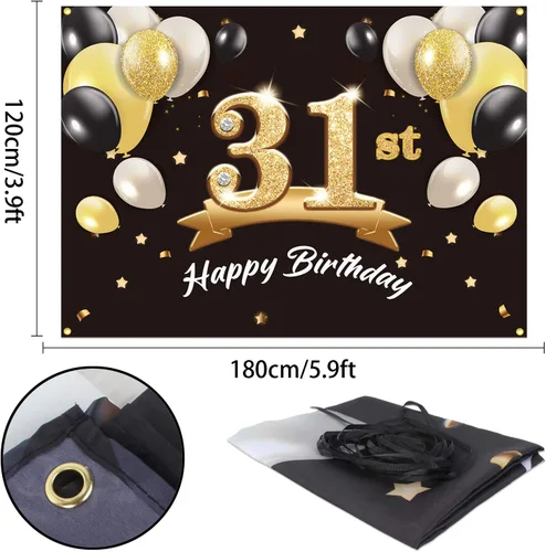 Vista 2 de Telón de fondo de pancarta de feliz cumpleaños 31 – Suministros de decoración de fiesta de cumpleaños 31 para hombres – Negro dorado 4 x 6 pies