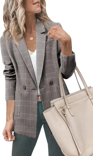 Vista 3 de CHICZONE Blazer casual de manga larga para mujer, con solapa frontal abierta, botón de trabajo, oficina, chaqueta a rayas