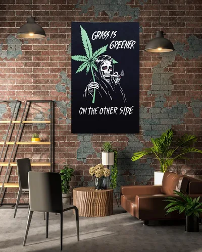 Vista 3 de Reefer Reaper - Tapiz vintage de marihuana de 3 x 5 pies, diseño retro de los años 90, diseño de esqueleto, grunge, hierba, hombre, cueva, stoner