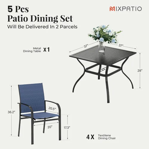 Vista 6 de MIXPATIO - Juego de comedor de patio de 5 piezas, mesa cuadrada de metal de 37 pulgadas, 4 sillas de textileno