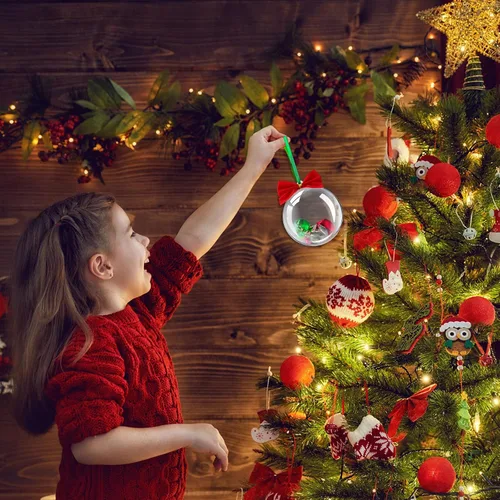 Vista 6 de Liliful 100 bolas de plástico transparente de Navidad de 2.76 pulgadas/2.756 in, rellenables, esferas de Navidad colgantes con 100 lazos, 2 cintas