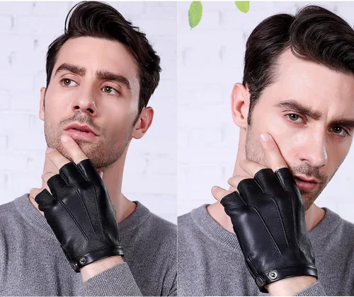 Vista 2 de Guantes de conducción sin dedos, de piel sintética, para deportes al aire libre, Halloween, cosplay, disfraz, guantes de medio dedo para hombres