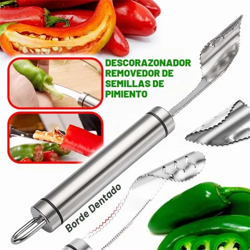 Vista 2 de Removedor de semillas de pimienta con paño de limpieza, removedor de semillas de frutas de acero inoxidable 304 con dientes dentados, herramienta