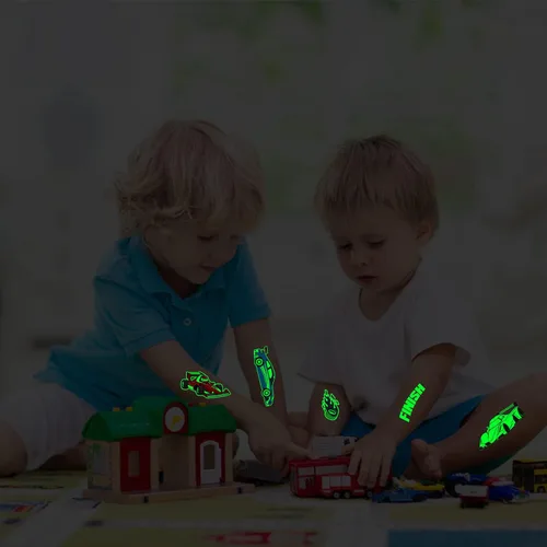 Vista 5 de Cerlaza Tatuajes temporales luminosos para niños, 90 estilos de autos brillantes para fiestas de cumpleaños, decoraciones de recuerdos, calcomanías