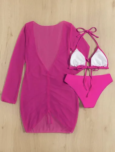 Vista 16 de SherryDC Traje de baño sexy de 3 piezas para mujer, conjunto de bikini triangular con cuello halter y manga larga, traje de baño con cordón