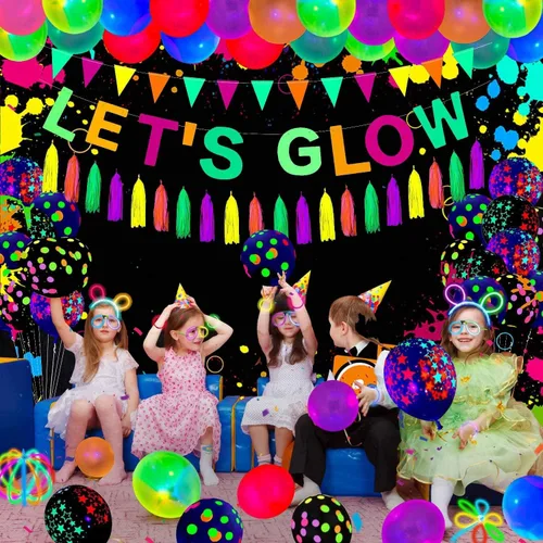 Vista 2 de Fondos de fotografía de neón brillantes para fiestas Let's Glow Splatter Fondo fotográfico de 5 x 3 pies, luz negra, colorido, rayo láser, disco