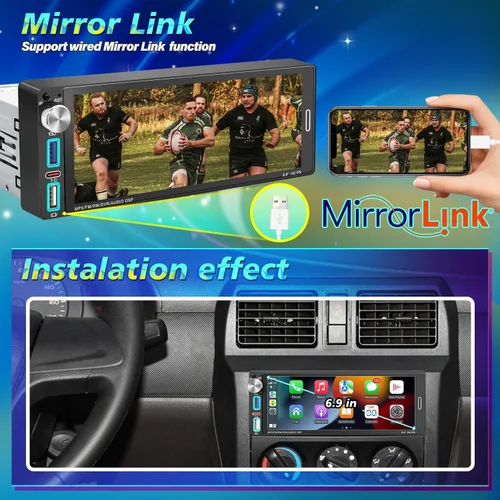 Vista 7 de Radio de pantalla táctil monodinar, estéreo HD IPS de 6.9 pulgadas con Apple CarPlay inalámbrico y Android Auto, Bluetooth 5.2, perilla física