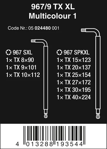 Vista 2 de WERA 05024480001 967/9 TX XL Multicolor 1 Juego de llaves en L multicolor para tornillos TORX®, largo, 9 piezas