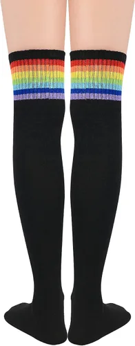 Vista 3 de Zando Calcetines de tubo fino a rayas para mujer, medias altas hasta el muslo por encima de la rodilla, calcetines casuales hasta la rodilla, medias