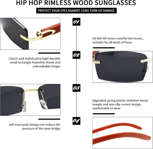 Vista 5 de Dollger Gafas de sol rectangulares sin montura para hombres y mujeres diseño de madera hip-hop pequeñas gafas de sol cuadradas sin marco de los años