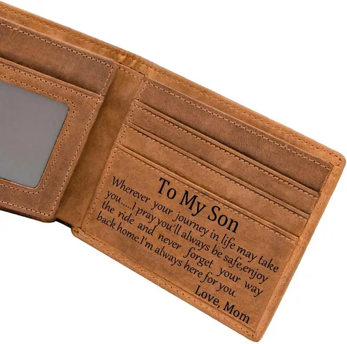 Vista 2 de Kenon Cartera de cuero personalizada para hombres, con bloqueo RFID grabada, billetera elegante para marido, hijo, papá, cumpleaños, San Valentín