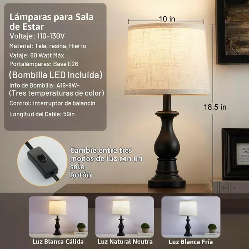 Vista 2 de Lámpara de Mesa Vintage para Sala de Estar y Dormitorio, 18.5" Lámparas de Mesita de Noche Estilo Granja, Juego de 2 Lámparas de Mesa con Pantallas